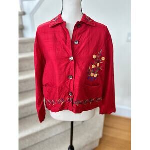 Vintage Chico's Red Silk Rajasthani India Embroidered Mirror Elephant Jacket